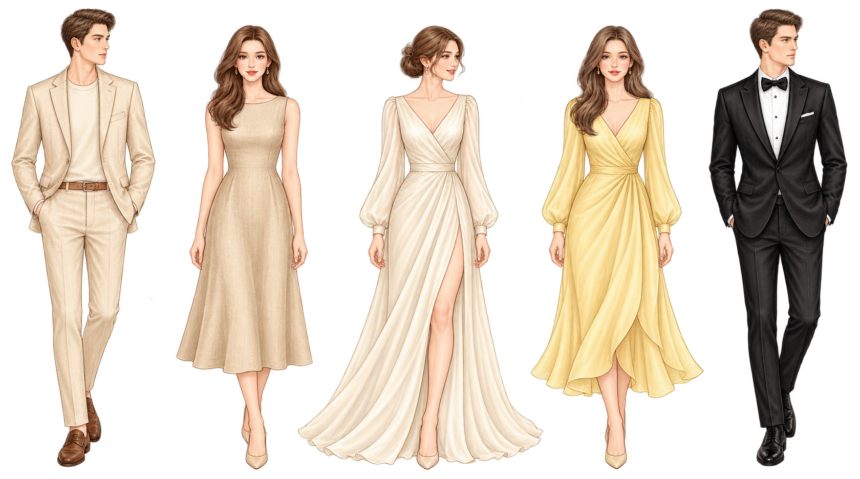 Gợi ý trang phục: suit champagne, đầm midi beige, đầm dài ivory, đầm vàng pastel và tuxedo đen.